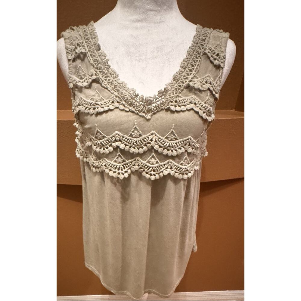 POL Sage Crocheted Trim Flowy Babydoll Tank Top Shirt Size S